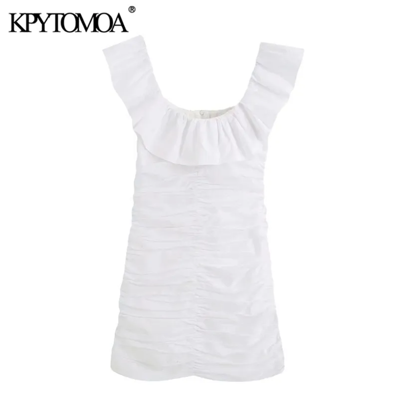 KPYTOMOA Femmes Chic Mode Volants Drapé Mini Robe Vintage Col Carré Sans Manches Dos Zipper Robes Féminines Robes T200613