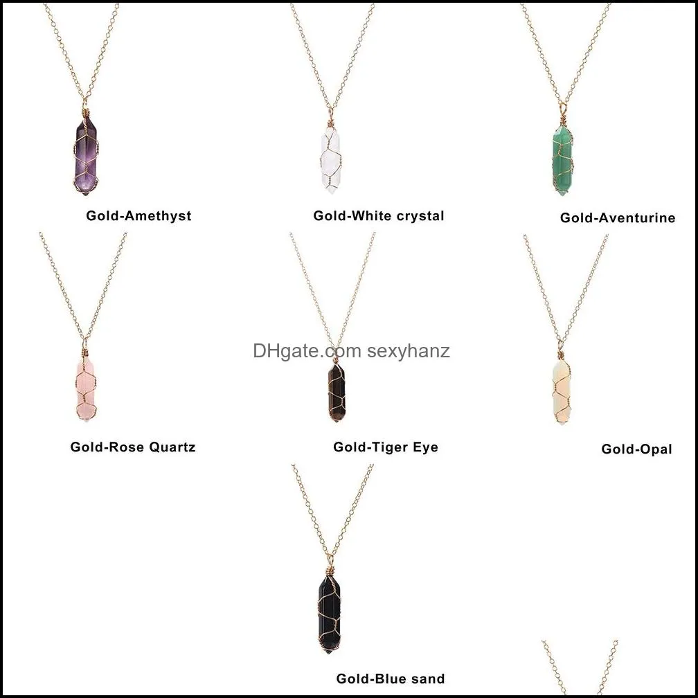 hexagonal cylindrical crystal necklace natural stone pendant wire wrap necklace for women men fashion jewelry