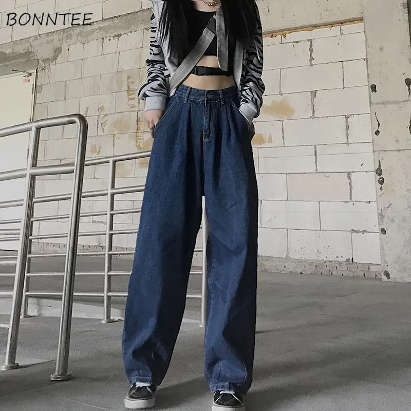 Jeans Femmes Bleu Vintage Baggy Allmatch Harajuku Style Japonais Taille Haute Petit Ami Unisexe Pleine Longueur Printemps Pur Streetwear 220815