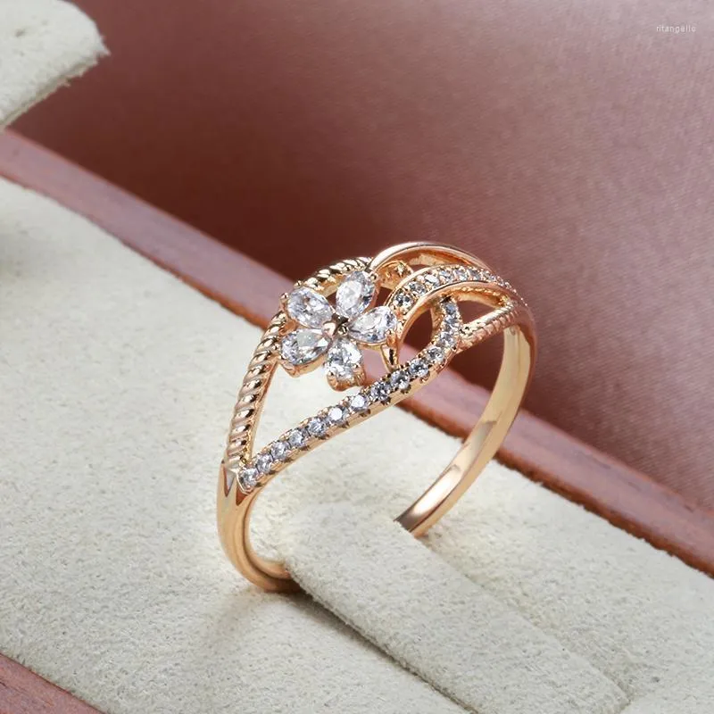 Anéis de casamento Kinel Luxury 585 Rose Gold Bride Ring Micro Cera Incrrada