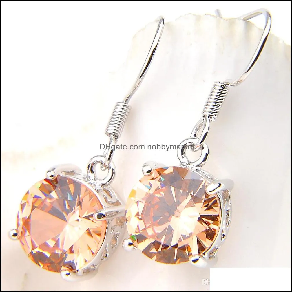 LuckyShine Silver 925 Round Shaped Morganite Champagne Women`s Earrings Wedding Party Zircon Earrings Fashion Jewelry