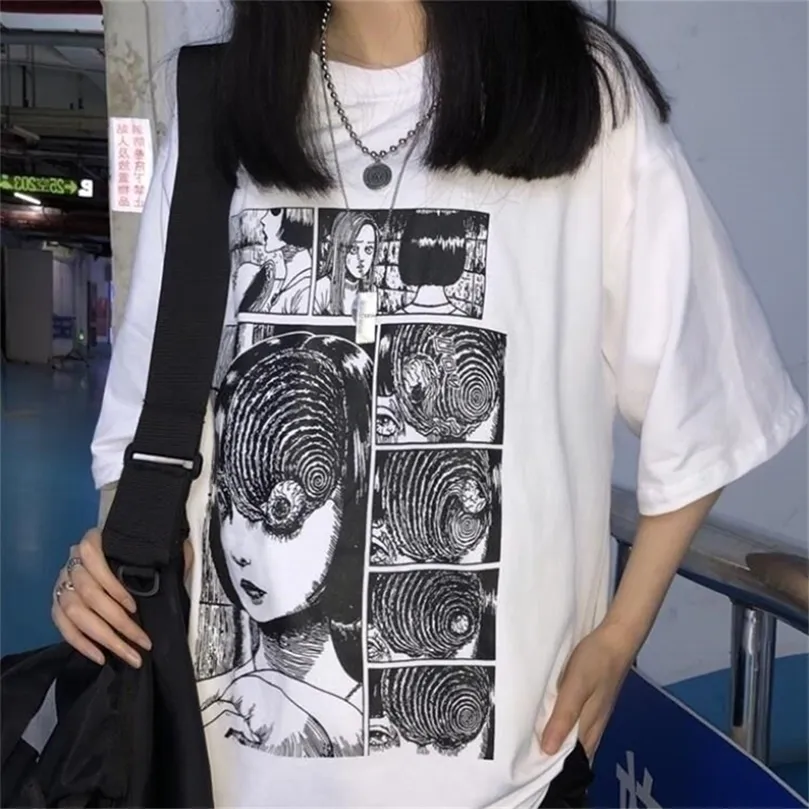 White Tees Junji Ito Horror Manga Uzumaki T-Shirt Moda Donna Top Grunge Estetica Anime Tee Hipsters Harajuku Style T Shirt 210312