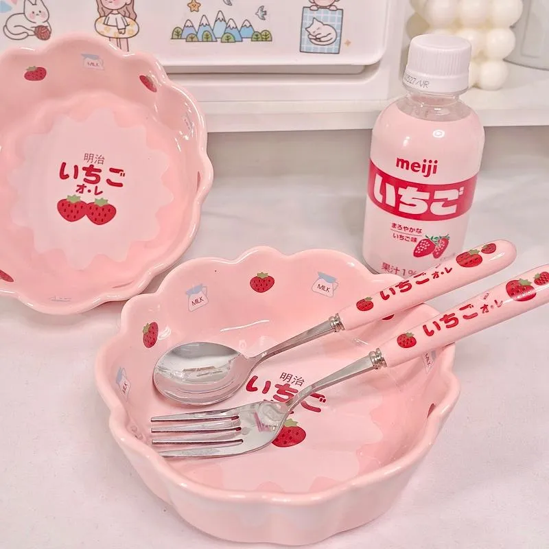 Geschirr-Sets Erdbeerschale Kawaii Mädchen Herz Salat Keramik Home Frühstück Dessert mit Löffel Gabel Rosa KüchengeschirrDinnerware