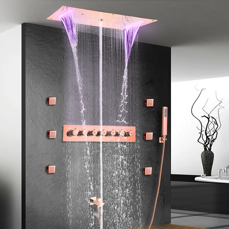 Decke LED -Duschkopf Sus 304 70x38 cm Wasserfall Dusche Badezimmer Thermostatischer Dusche Wasserhahn Set