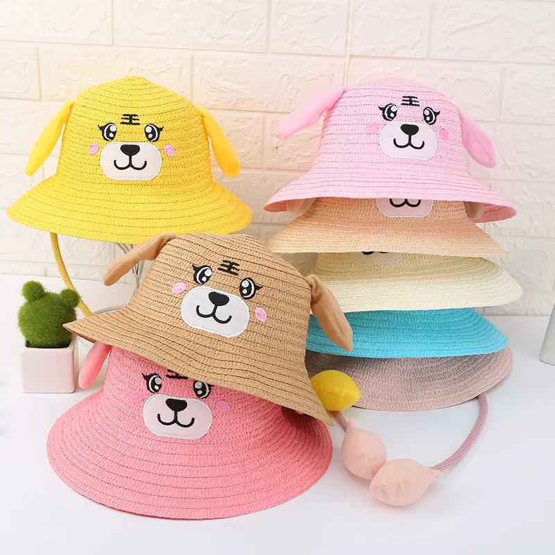 Oreilles de lapin en mouvement chapeau de paille pour enfants dessin animé tigre enfants printemps été Protection solaire extérieure seau chapeau plage parasol casquette