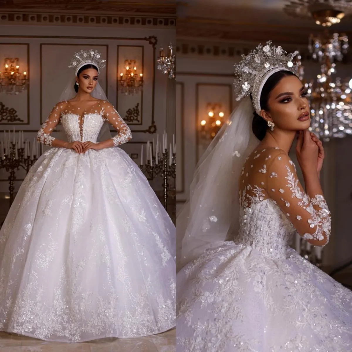 Robes de mariée royales pour femmes, élégantes, manches longues, dentelle, paillettes, dubaï, luxe, 2022