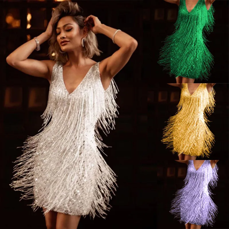 Fashion Gold Silver Fringe Tassel Jurken Sexy Ladies Mouwess V Neck Women Evening Party Wedding Pailletten Korte jurk