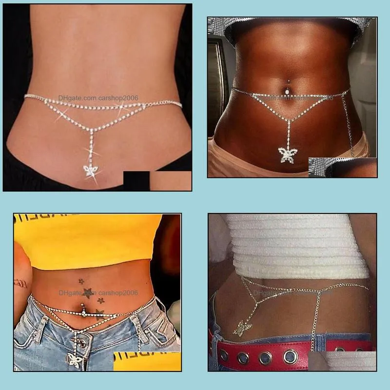 Sexy Rhinestone Butterfly Belly Chains Silver Body Jewelry for Women Beach Bikini Cystal Waist Lower Back Chain