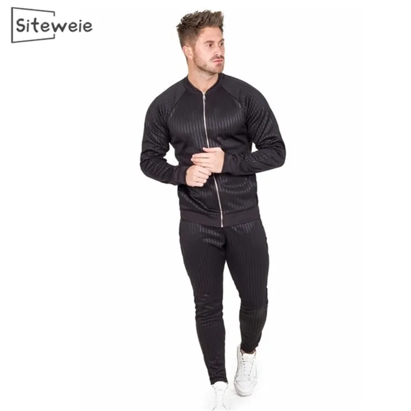 SiteWeie Muscle Men Fitness Autumn Winter Men Stripe Sports Spay Outfits Mens Joggers 2 Piece Set Tracksuit L432 201210