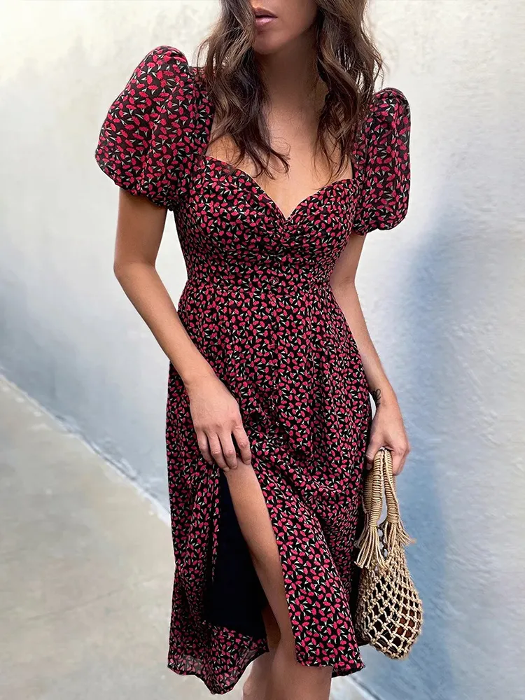Elegant Puff Sleeve Floral Midi Dress: Summer V Neck French
