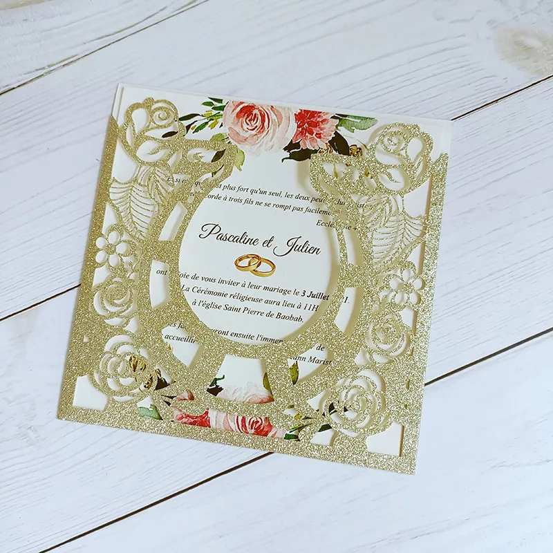 Invitaciones de tarjeta de boda de Sprinkle Square Diy DIY Impresión personalizada Láser cortada de bolsillo Fiesta de bolsillo Invites con sobre