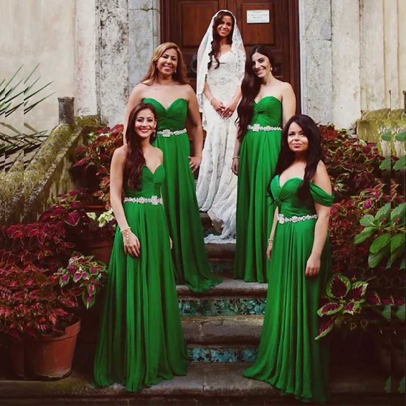 Country Chiffon A Line Ruched Off The Shoulder Beaded Bridesmaid Gowns Green Wedding Guest Dresses 328 328