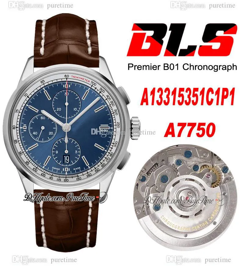 BLS Premier 42mm ETA A7750 Automatische Chronograph Männer Watch A13315351C1P1 Stahlgehäuse Weiß Innen Blue Dial Stick Markers Braune Leder Super Edition PureTime 03b2