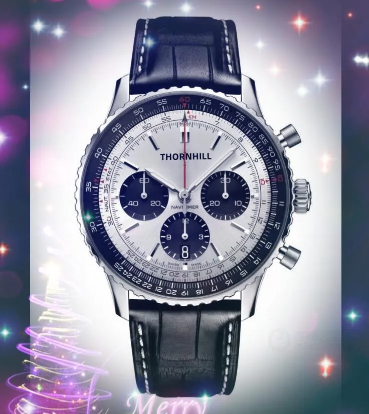 En vente pour hommes montre 42 mm six points de points Tous les cadrans Work Watchs Watchs Mouvement de quartz pilote en cuir authentique en cuir étanche horloge de bracelet Reloj de Lujo