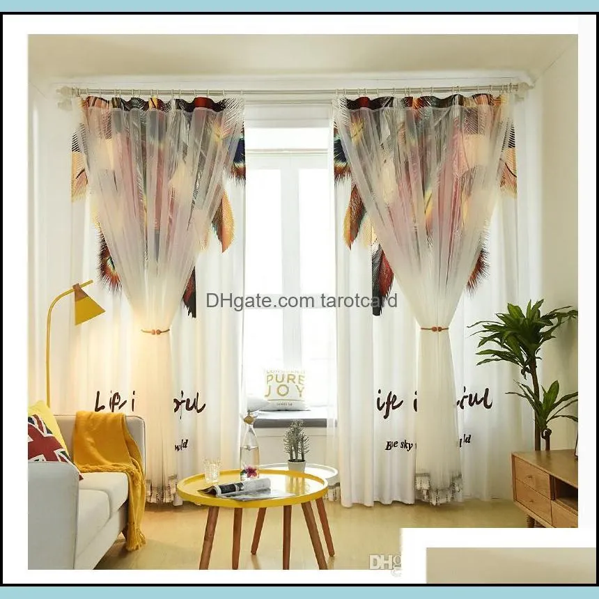 Feather lace curtains Semi-transparent light yarn double curtain Living Room Floating Window Treatments Nordic Bedroom Pastoral Gauze