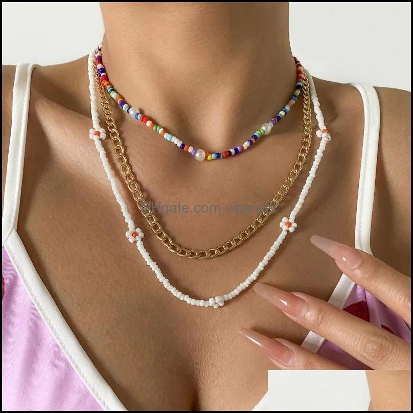 chokers bohemian colorful flower rice bead necklace pearl women`s short charm jewelry handmade christmas gift girl