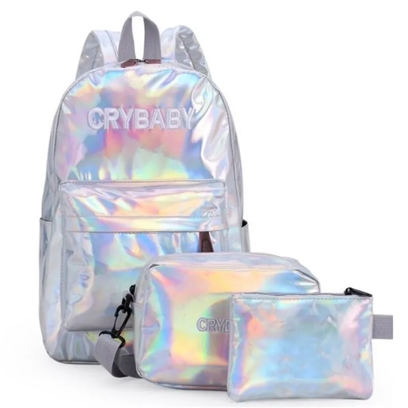 Holographische lasergestickte Crybaby-Buchstaben Hologramm-Rucksack-Set Schultasche Umhängetaschen Stifte 3-teiliges Set Y201224