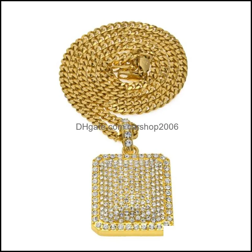 Mens Gold Cuban Link Chain Fashion Hip Hop Necklace Jewelry with Full Rhinestone Bling Diamond Dog Tag Iced Out Pendant Necklaces 1280