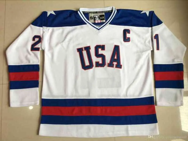 #21 Mike Eruzione Jersey 1980 Miracle On Ice Hockey Jersey Mens 100% Stitched Embroidery s Team USA Hockey Jerseys Blue White