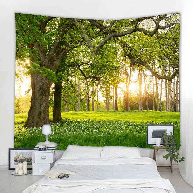 자연 숲 카펫 벽 마운트 햇빛 나무 천 히피 만달라 타피 풍경 홈 장식 태피스트리 J220804