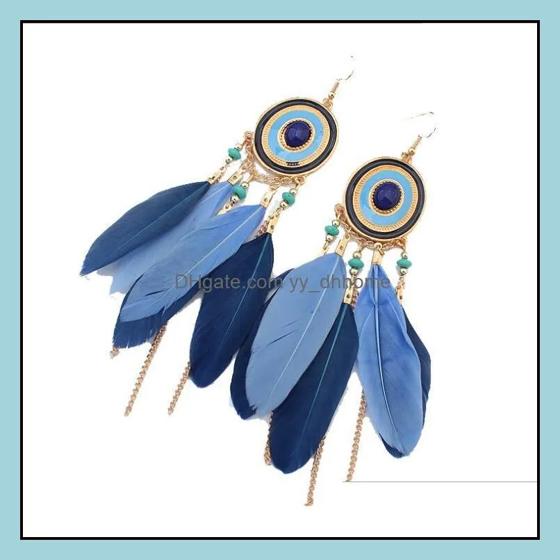 feather dangle earrings for women vintage tassel long bohemia ethnic customs earrings fashion jewelry accessories wholesale - 0790wh