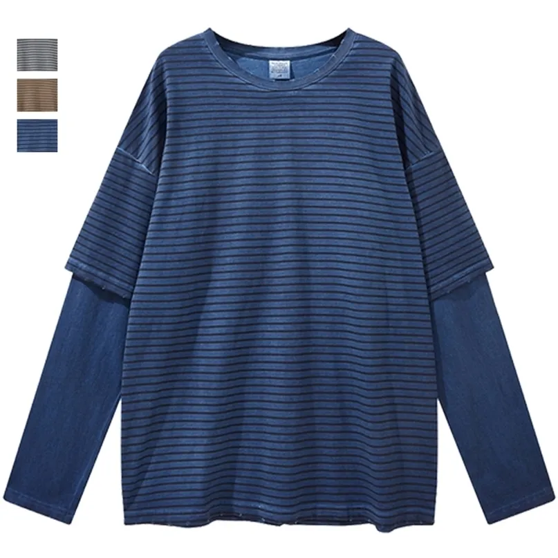 Fake Two-piece T Shirt Striped Oversized Gray Blue Long Sleeve Top Korean Style Fashion Loose Men's And Women's Clothing 220408