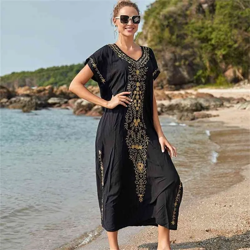 Ny svart bomullsbroderad Maxi Beach Dress Cover -ups Robe de Plage Baddräkt Cover Up Bohemian Long Dress Bikini Cover Up 210319