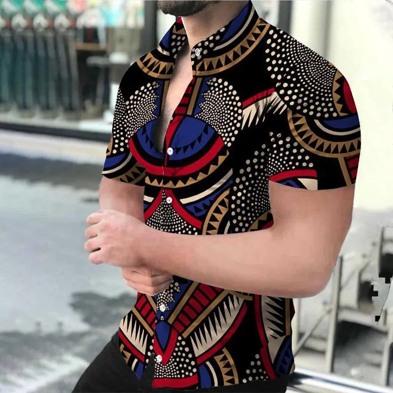 メンズカジュアルシャツハワイアンメンズ半袖Tシャツ大規模リッチカラー3Dクールで快適な2022幾何学的パターンファッションc