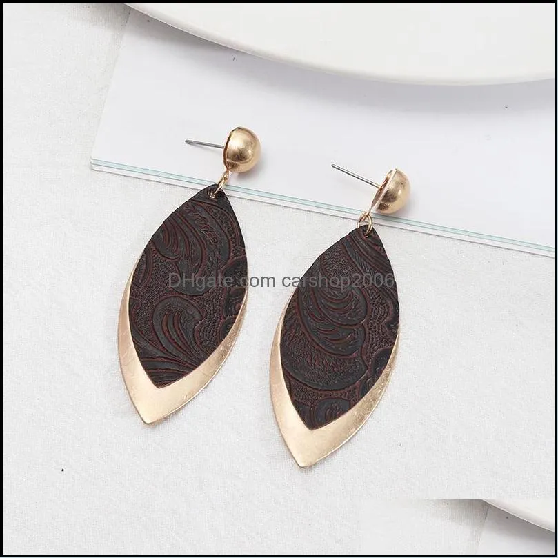 oval leaf frame inspired splicing leopard print pu leather charms earrings geometric women jewelry