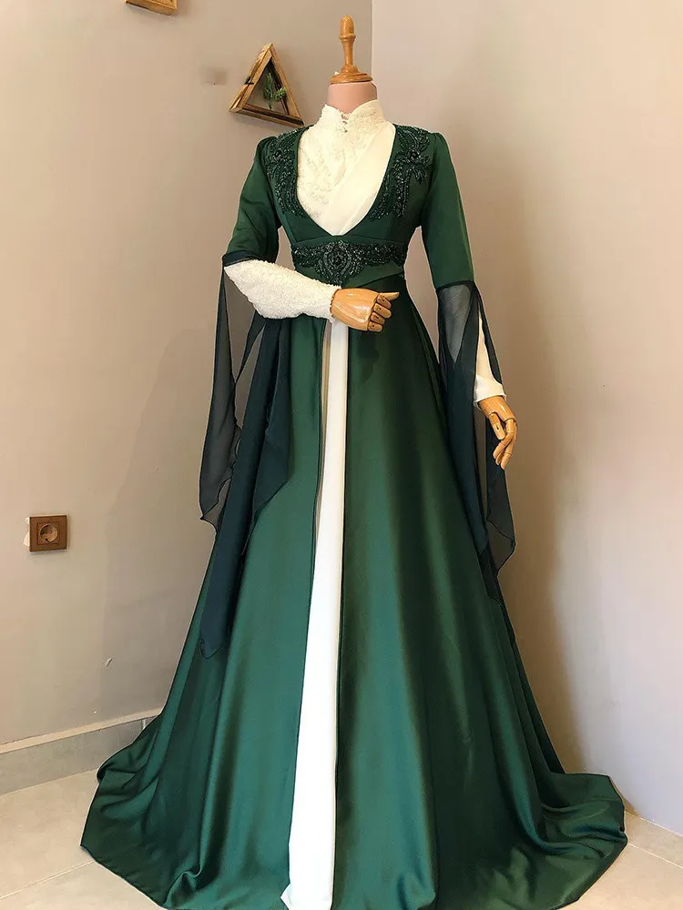 Akşam Elbise Fas Kaftan Aplike Resmi Elbise Zümrüt Yeşil Arap Boncuk Müslüman Kıyafet Uzun Kollu Balo Elbise