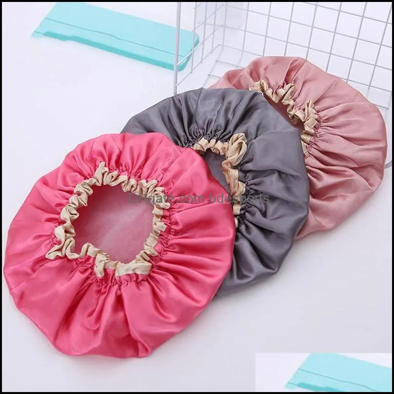 Double Layer Shower Cap Waterproof Resuable Solid Elastic Band Bath Cap Thicken Hair Caps Anti- Hat Adult Makeup Hair Cover DBC
