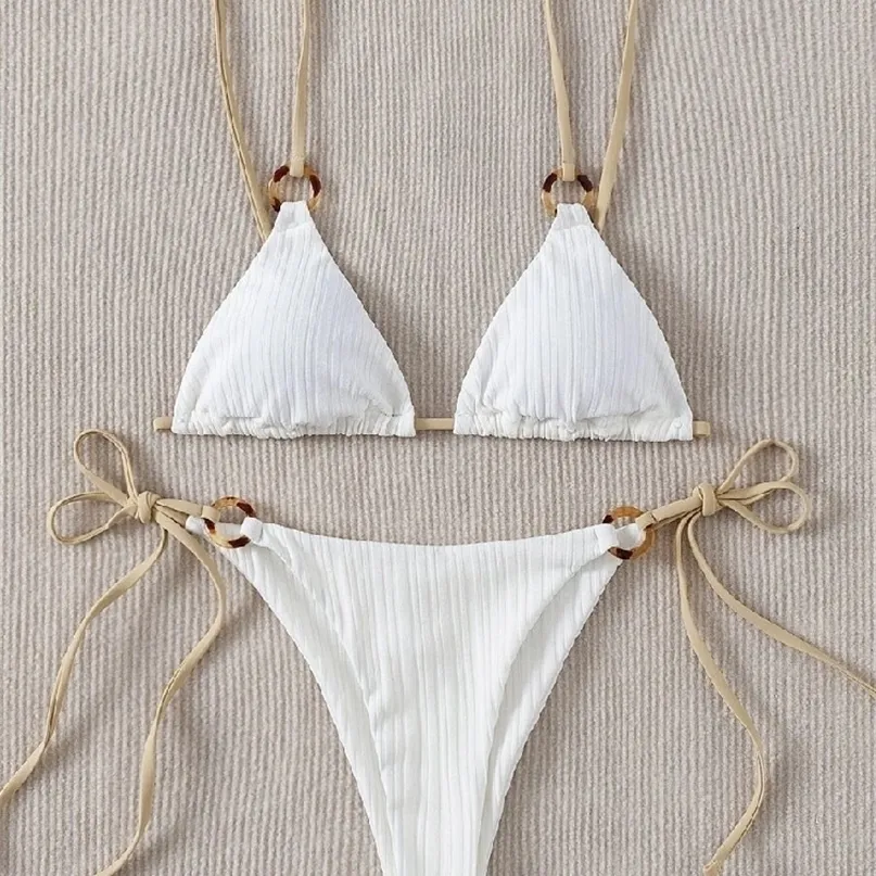 Sexy Bikini Set Cute White Plain Ring Linked Spaghetti Strap Triangle Thong Biquini Swimsuit Swimwear Women Bathing Suit B0 220504