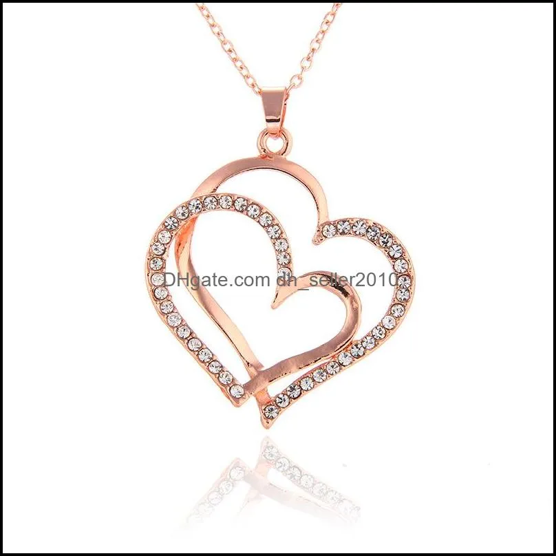 pretty crystal beautifully necklace rose gold color love necklaces wedding jewelry double heart pendant necklace