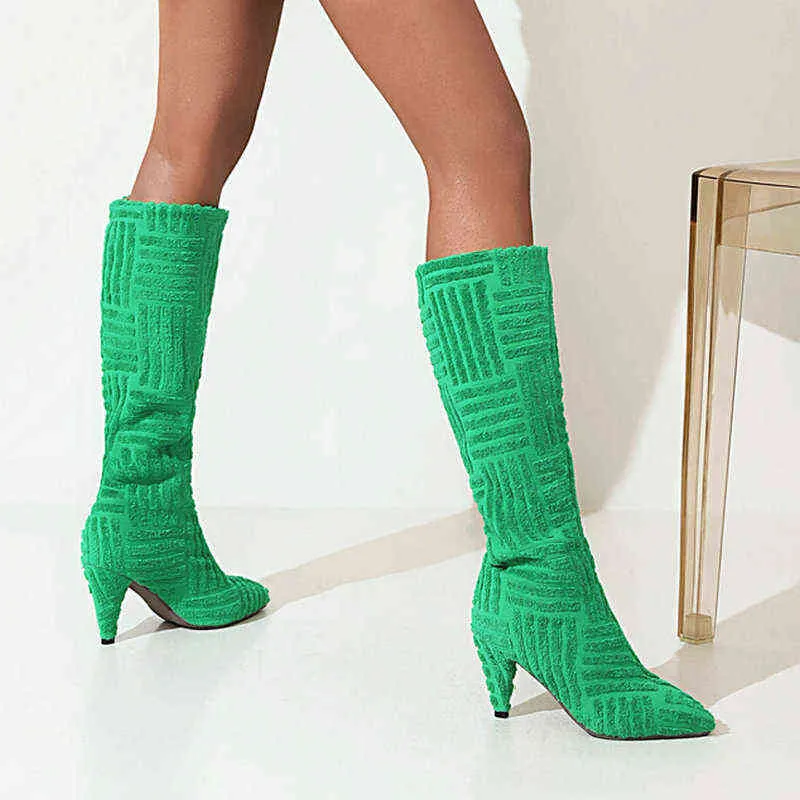 BootSbrand Design Knittade kvinnor stövlar avsmalnande höga klackar spetsiga tå höst vinter stövlar slip-on knä längd kvinnor skor storlek 34-43 G220813