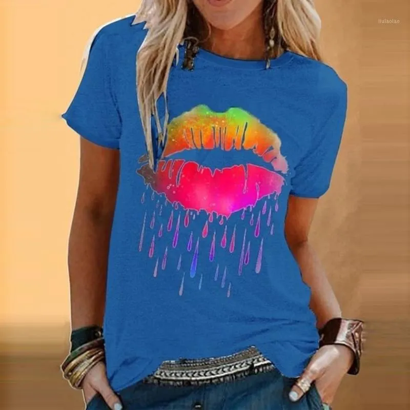 ) 女性 Tシャツ夏半袖カジュアルプラスサイズ O ネック Tシャツファッションカラフルなリッププリント若い女の子トップストップファム女性