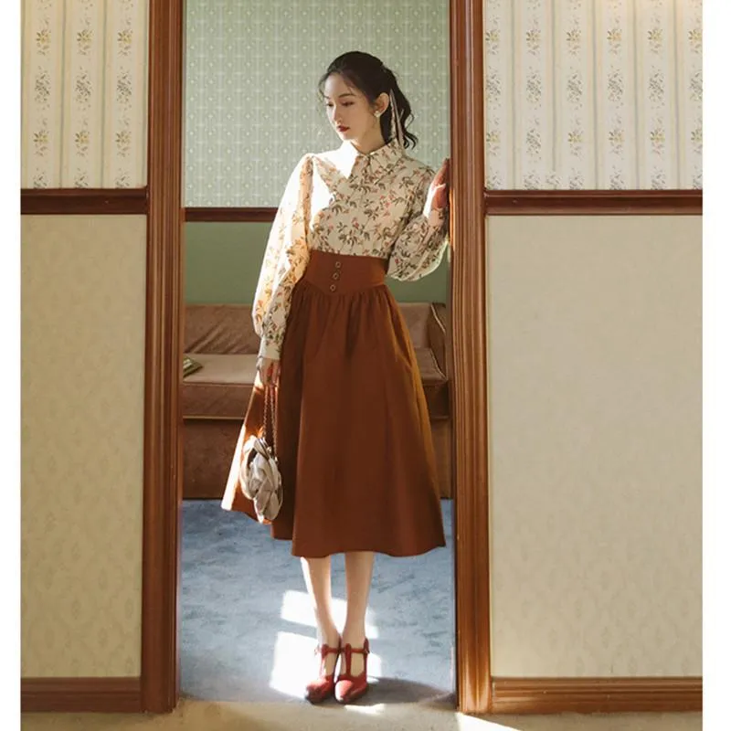 Work Dresses Fashion Suit Two-Piece Set Autumn For Women Suits Elegant Printed Retro Shirt Puff Sleeve+Puff Skirt Outfits Femme Fall/Winter