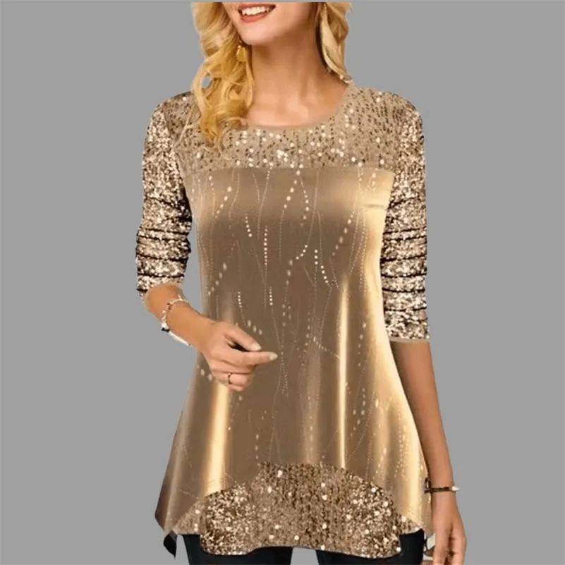 Sequins T-Shirt Female Spring Tops V-neck Full Sleeve Lace Splice Print Boho Women shirt 4xl 5XL 220321