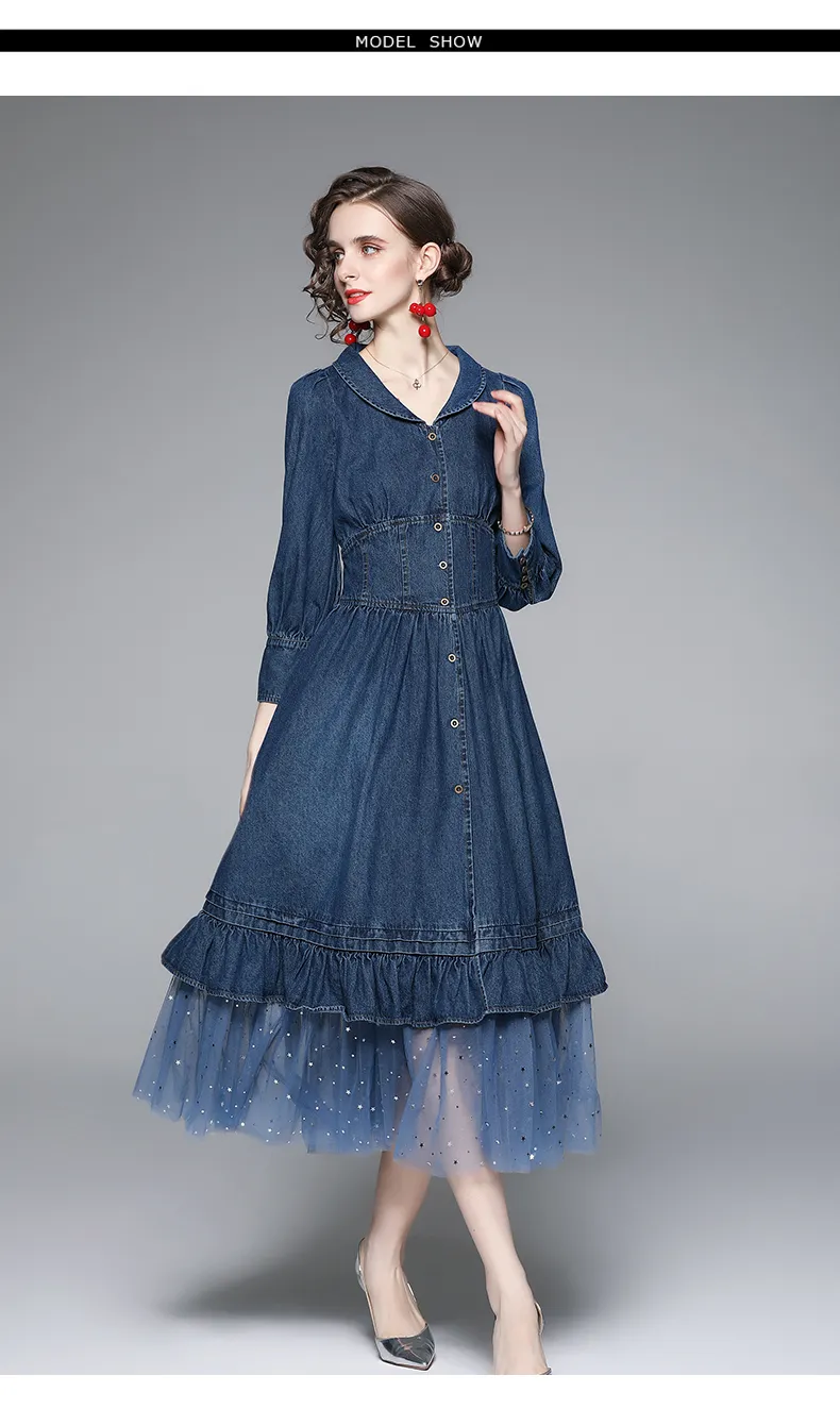 Vintage Denim Denim Midi Dress with Lace-Up, Patchwork, Turn-Down Collar, Lantern Sleeves, and Slim Fit - Perfect for Casual Wear in 2022