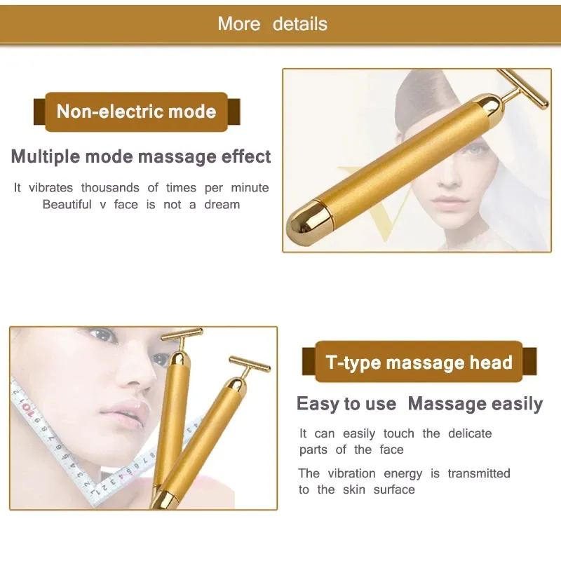Elektryczny T typ 24K Masaż kosmetyczny Stick Face Masager Masager Facial i Gua Sha Roller Zestaw narzędzi dla kobiet narzędzia do pielęgnacji skóry Złoto