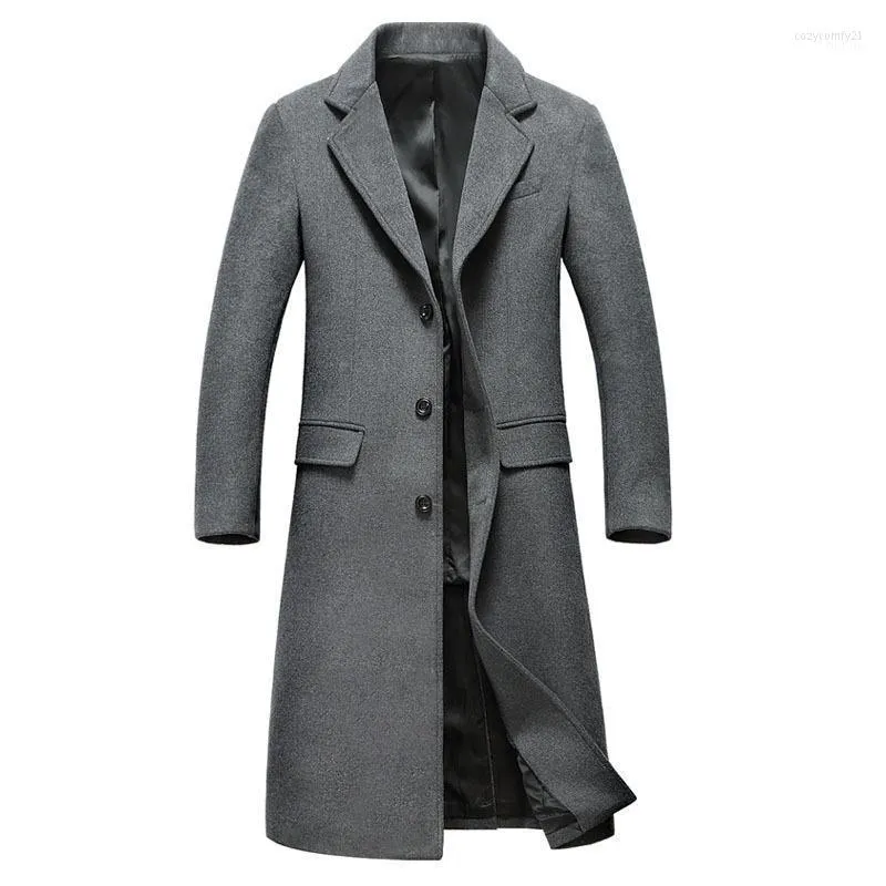 Men's Trench Coats Wholesale- Mens Fashion Woolen Overcoat Turn-down Collar X-long Single Breasted Wool Hight Quality Casual Coat1