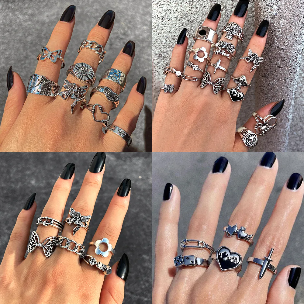 Панк Готическое сердечное кольцо, набор для женщин черные кубики винтажные пики туз серебряный серебряный ретро -ретро -хруп
