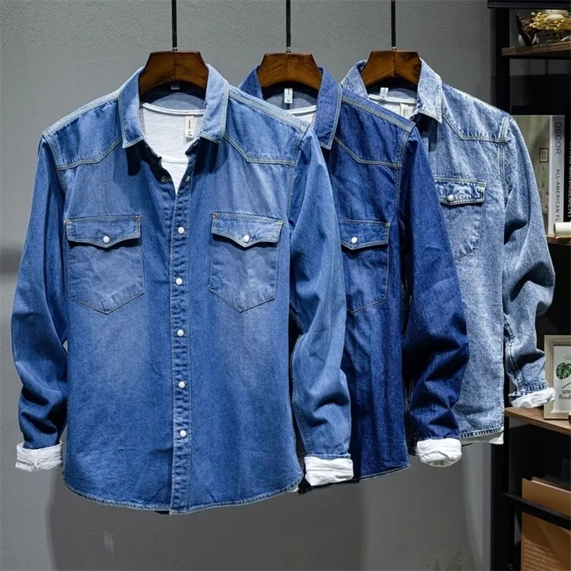 Japon Kore Trendi Uzun kollu Retro Denim Gömlek erkek Moda Rahat Tüm Maç Jean Ceket Erkek High-end Marka Tops 220322