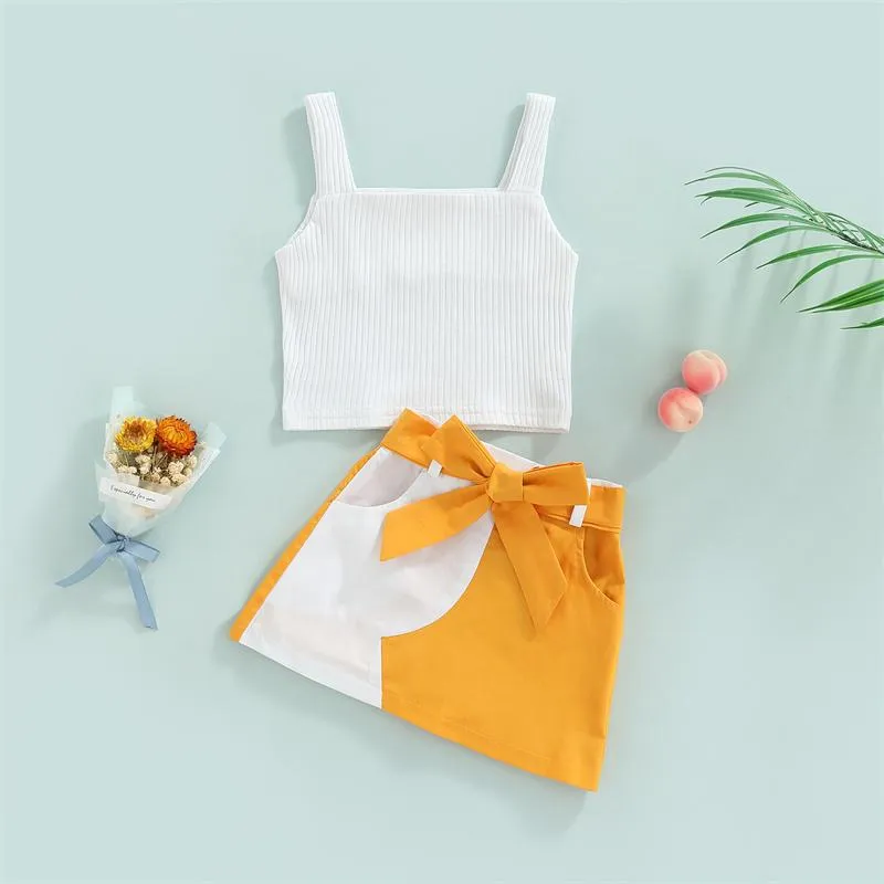 Clothing Sets Little Girls Summer Two-Piece Outfits Solid Color Ribbed Wide Shoulder Strap Tank Tops Patchwork Waist Belt Pockets SkirtCloth