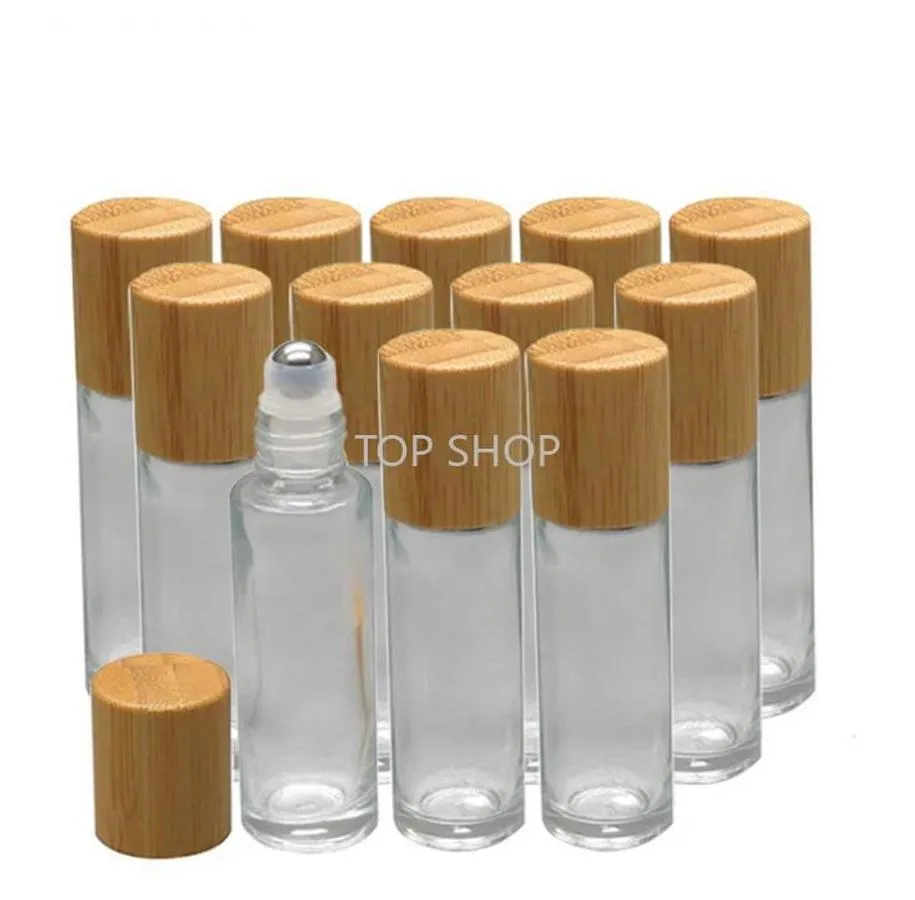 5 ml 10ml de óleo essencial garrafas de rolagem de vidro transparente em garrafa de perfume com tampa natural de bambu aço inoxidável rolo de bola de bola garrafas