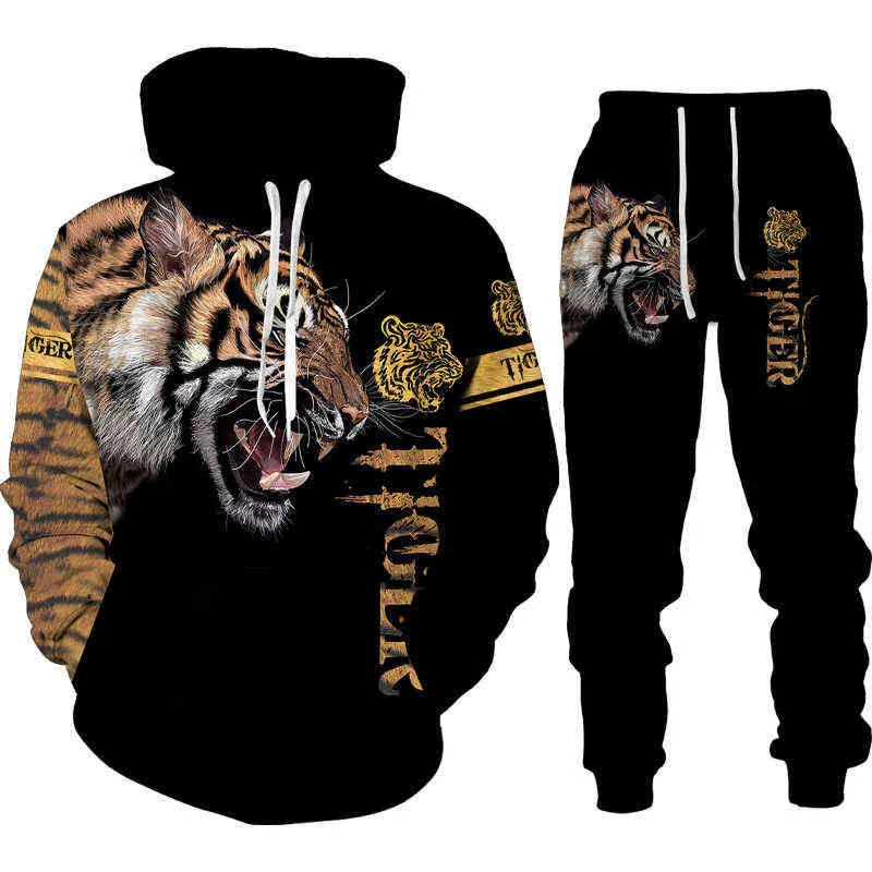 Animal 3D Tiger Lion Imprimé Pull à capuche pour hommes Ensemble de vêtements de sport pour hommes Survêtement à manches longues Automne Hiver Vêtements pour hommes Costume G1217