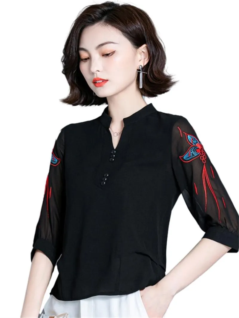 여자 블라우스 셔츠 여자 봄 여름 레이디 패션 캐주얼 반 소매 v- 넥 칼라 사무실 자수 blusas tops ct0330women 's