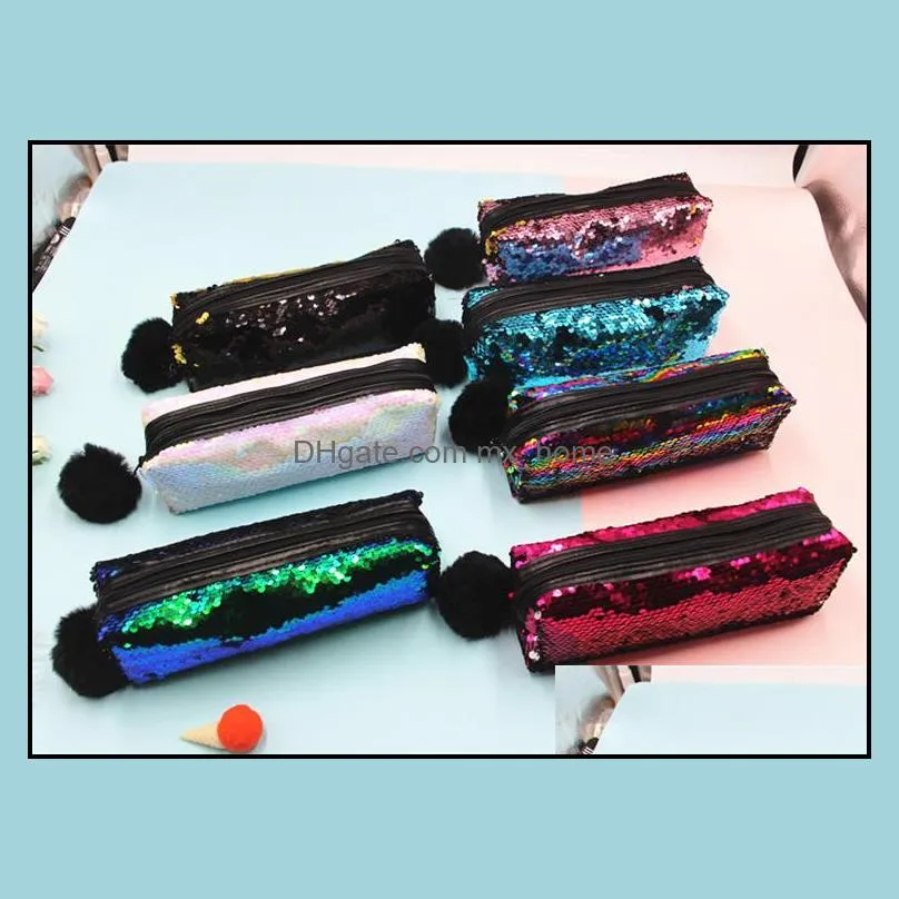 DHL Sequin Pencil Case Sequin Cosmetic Bag Mermaid Spiral Reversible Sequin Student Pencil Case Double Color Zipper Make Up Pouch for