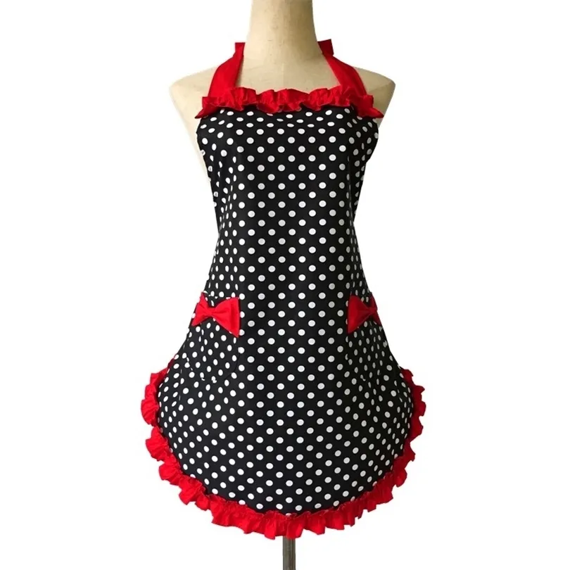 Xiumood Apron Maid Polka Dot Pişirme Mutfak Önlükleri Kadın İçin Çalışıyor Sevimli Bowknot Cepleri ile Ayarlanabilir Pamuk Önlükleri 201007