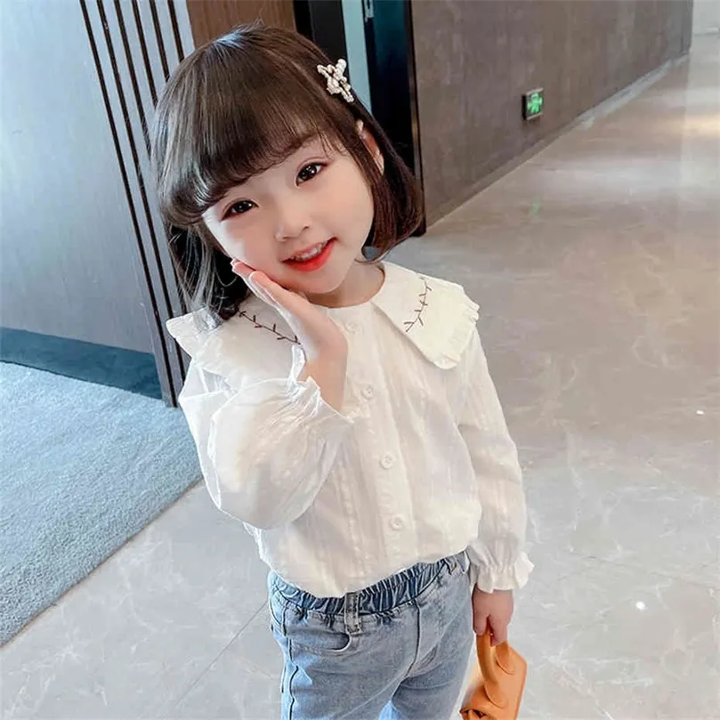 Girls White Bouse Borderyy Cirtas para meninas Blush Children's For Girl Spring Autumn School Uniform For Girls 210412