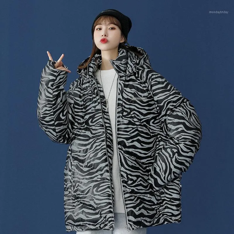 Kvinnor ner parkas tungvikt långärmad full-zip vattenbeständig huva pufferjacka m-3xl koreansk mode streetwear zebra hud